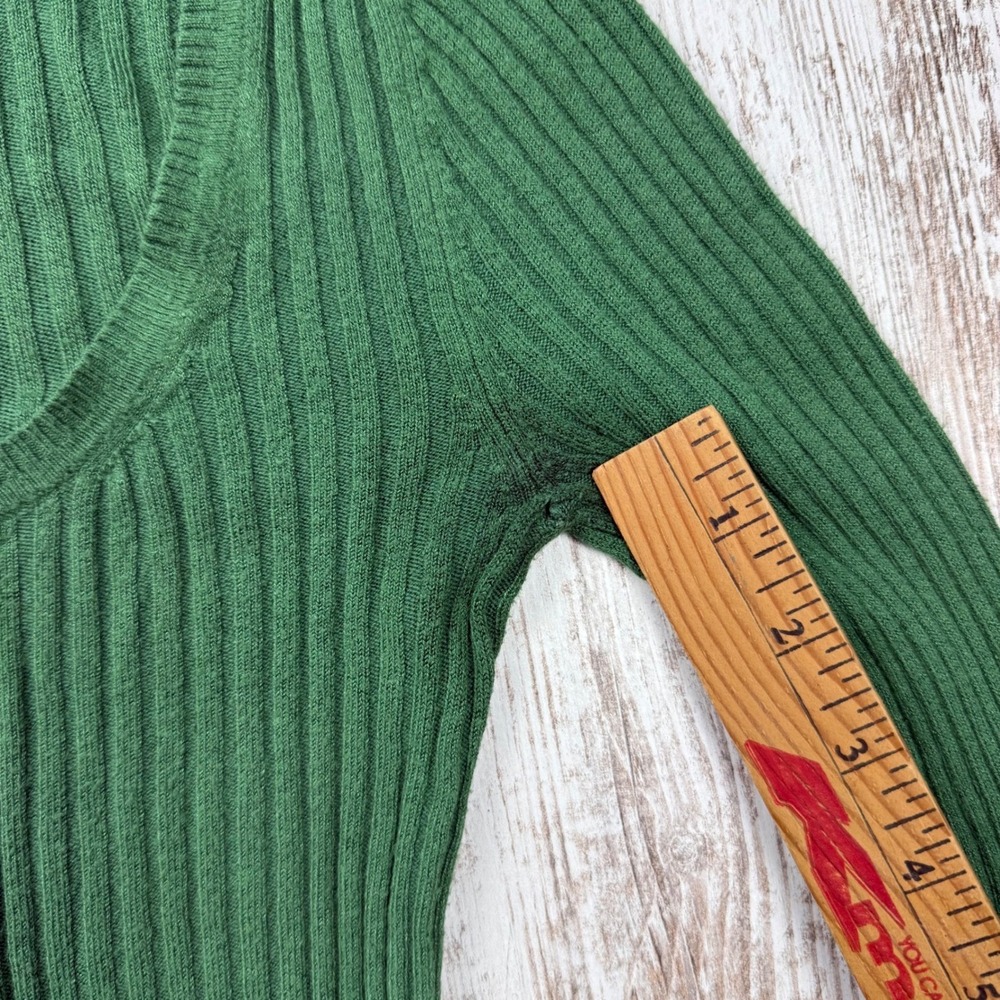 VTG Y2K Express Green Ribbed Henley Scoop Neck Long Sleeve Top Size XS Fitted - Picture 3 of 8